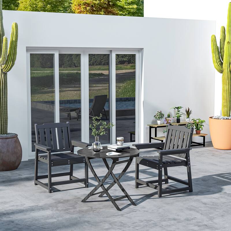 Set of 2 Black HDPE Outdoor Dining Chairs with Armrests and Slatted Patio Seating for Backyard - 23.5" W x 26.5" D x 34.25" H