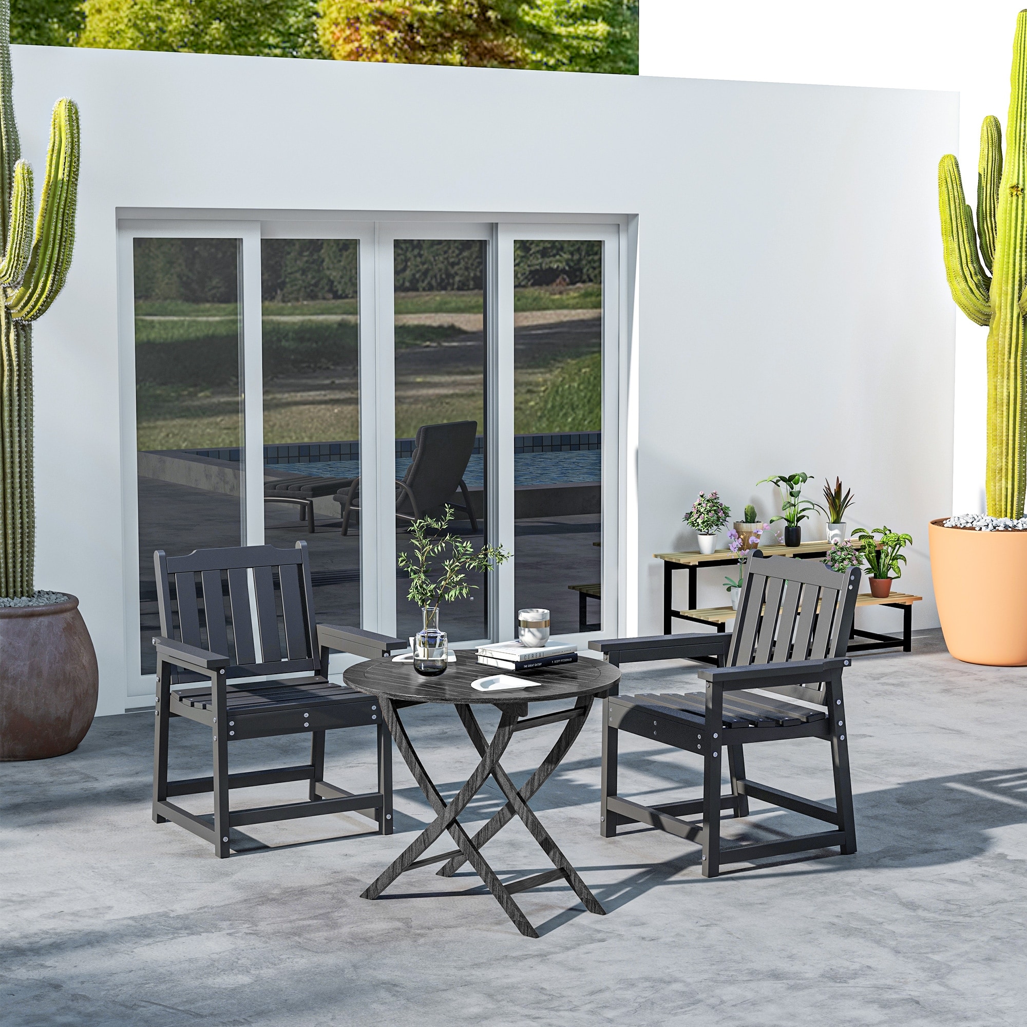 Outsunny Set of 2 HDPE Patio Chairs, Outdoor Dining Chairs with Armrests and Slatted Back, Outdoor Armchairs