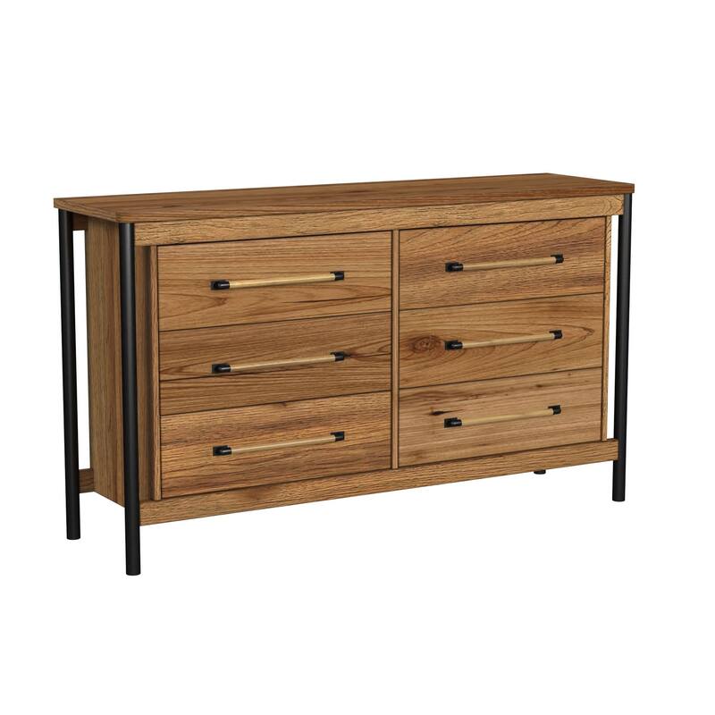 Norcross 6-Drawer Rubberwood Dresser, Hickory