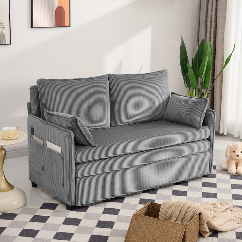 Roomfitters 55" Modern Corduroy Sofa Bed with Pull-out Sleeper Design, Modular Daybed with Storage Pocket & Pillows