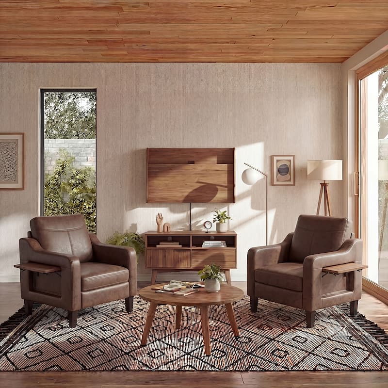 Modern Accent Chair with Wooden Armrest Comfortable Single Sofa Armchair for Living Room Bedroom Reading