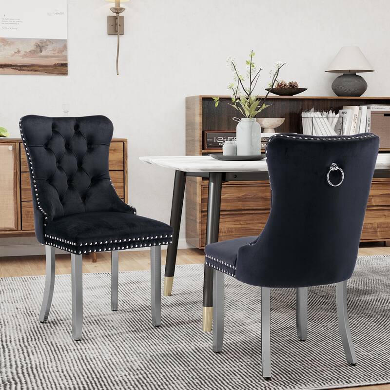 Velvet Dining Chairs Set of 2, Tufted Dining Room Chairs with Button Back, Nailhead Trim, Upholstered Kitchen Side Chairs - Black