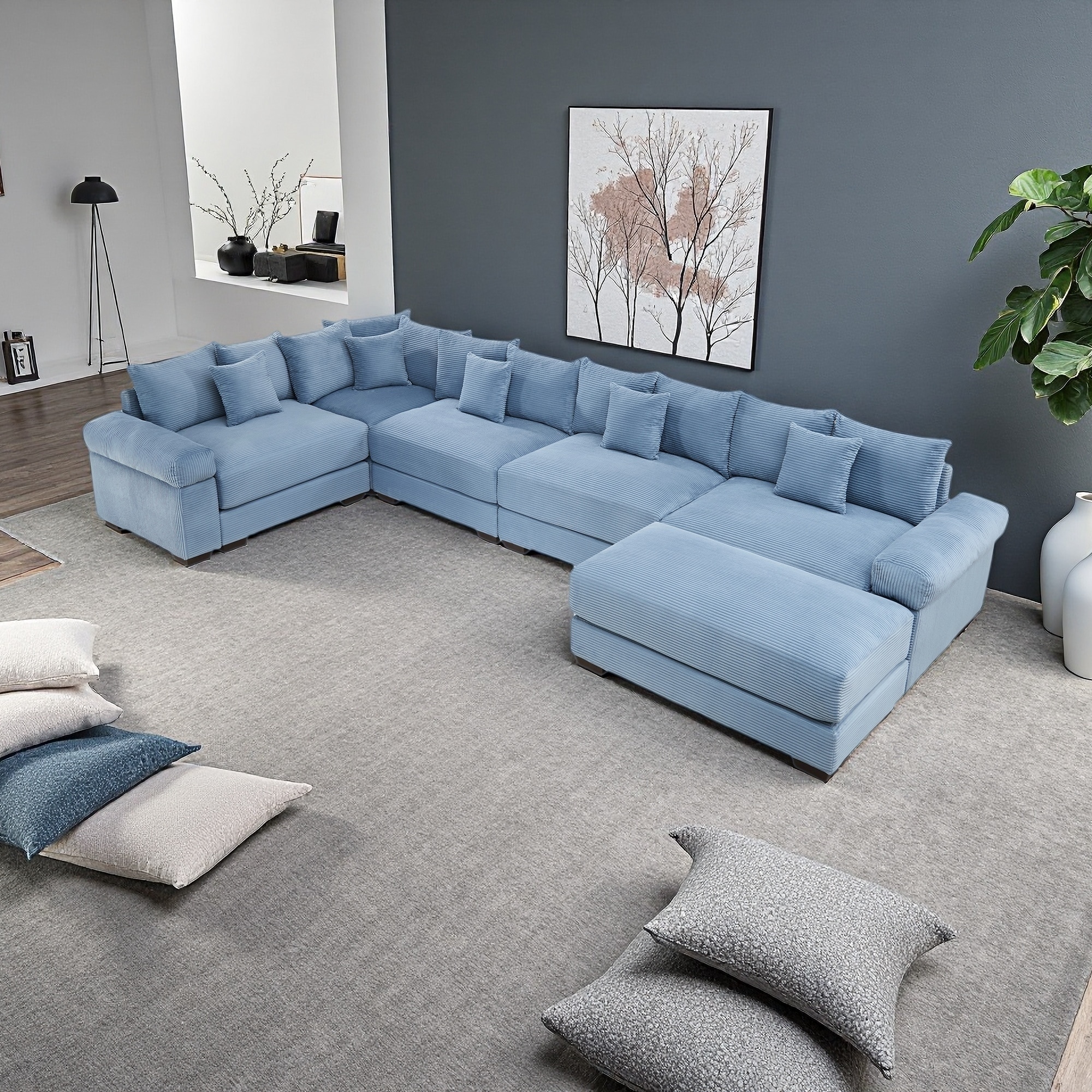 154.6" Corduroy Modular Cloud 5-Seater Sectional Sofa with Ottoman