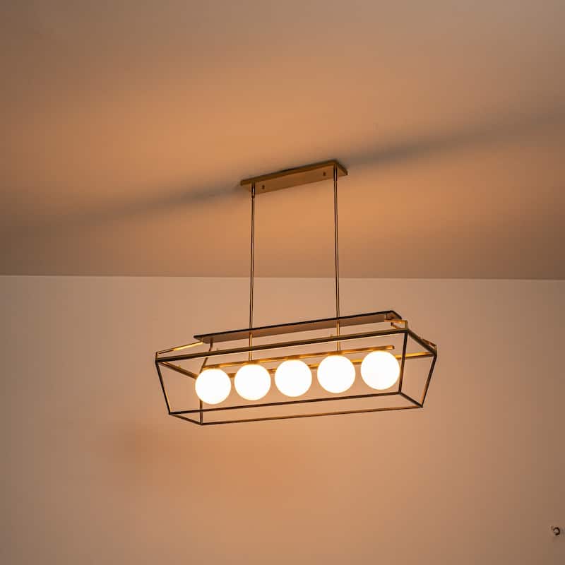 5-Light Modern Linear Chandelier in Matte Black and Brass Finish with Milky White Glass Globes for Dining Room or Kitchen Island