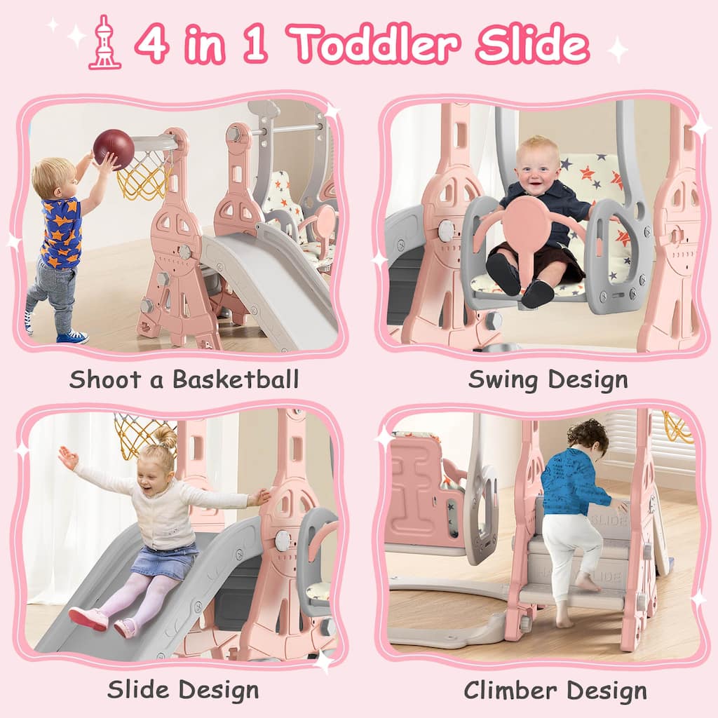 Pink 4 in 1 Toddler Slide and Swing Set, Kid Slide for Toddlers Age 1-3, Indoor Outdoor Slide Toddler Playset Toddler Playground