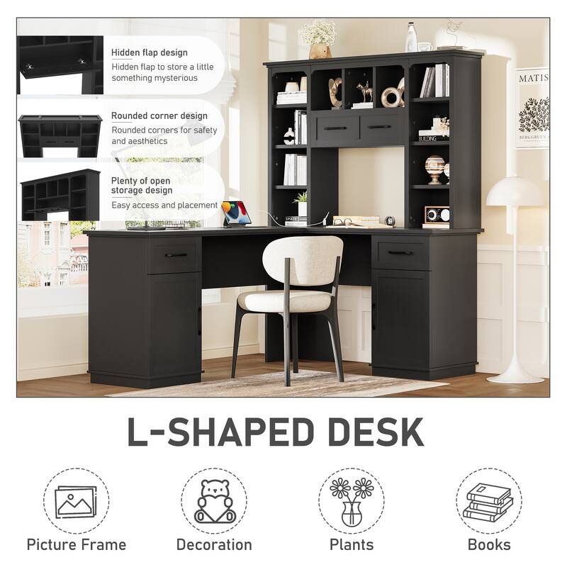 Roomfitters L-Shaped Computer Desk with Hutch, 2 Cabinets, 2 Drawers and 11 Open Shelves, with Power Outlet