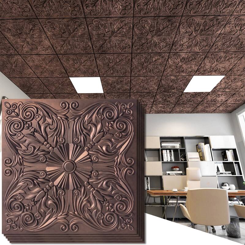 Art3d 2x2 ft PVC Lay-in Ceiling Tiles, Glue up Ceiling Tiles in Antique Copper