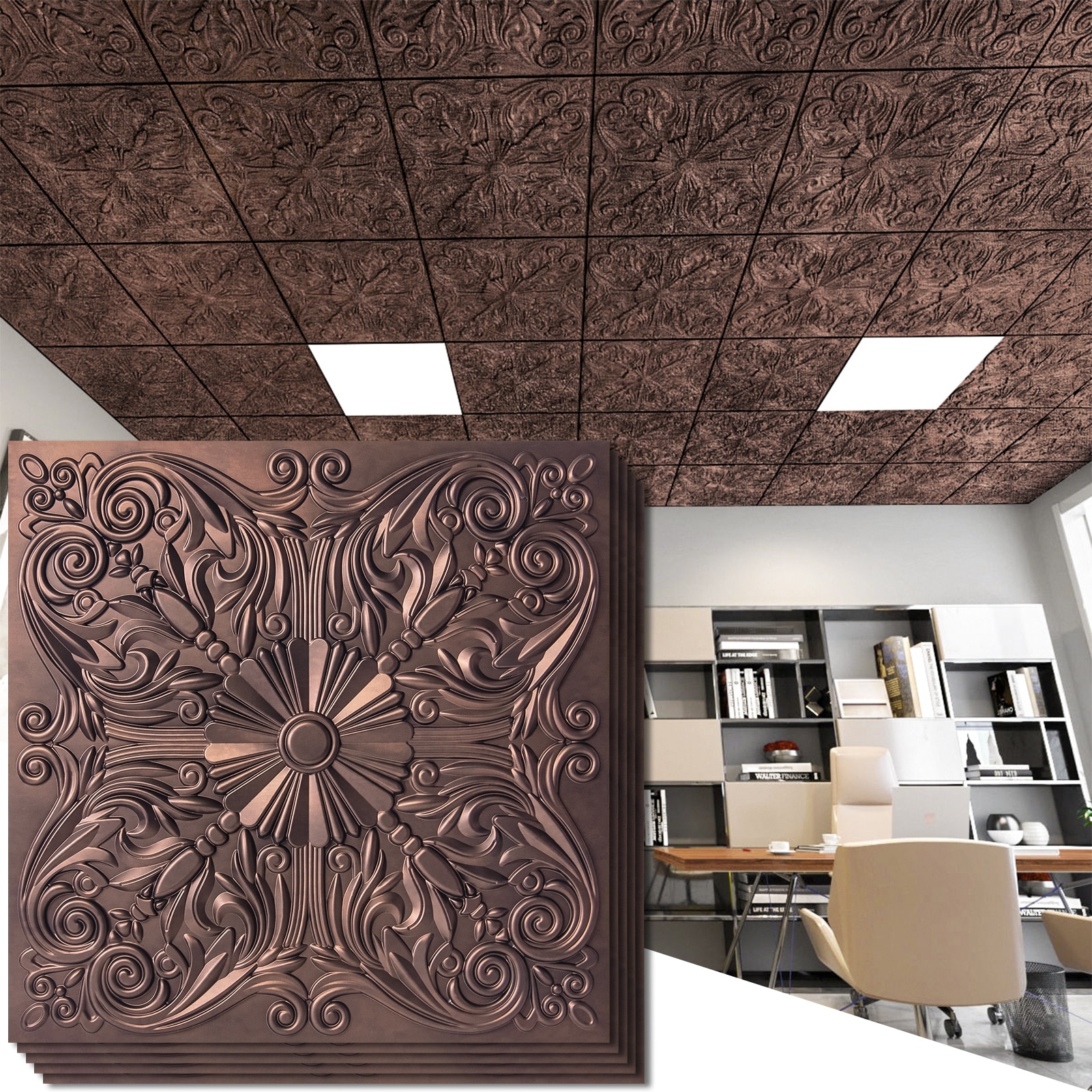 Art3d 2x2 ft PVC Lay-in Ceiling Tiles, Glue up Ceiling Tiles in Antique Copper