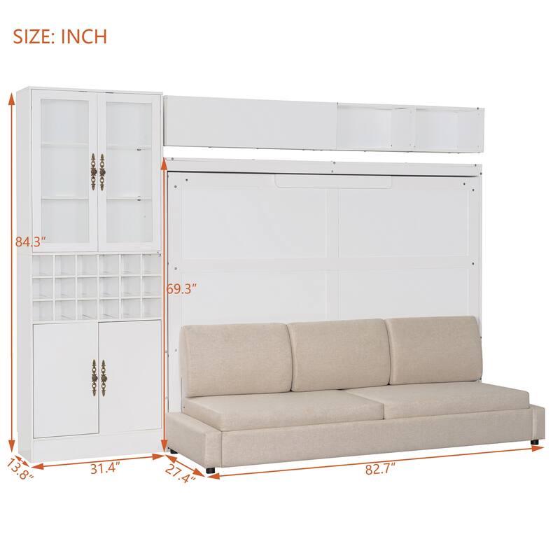 Wood Wall Murphy Bed Frame with Couch, USB and Light, Foldable Wall Platform Bed with All-in-One Storage Cabinet