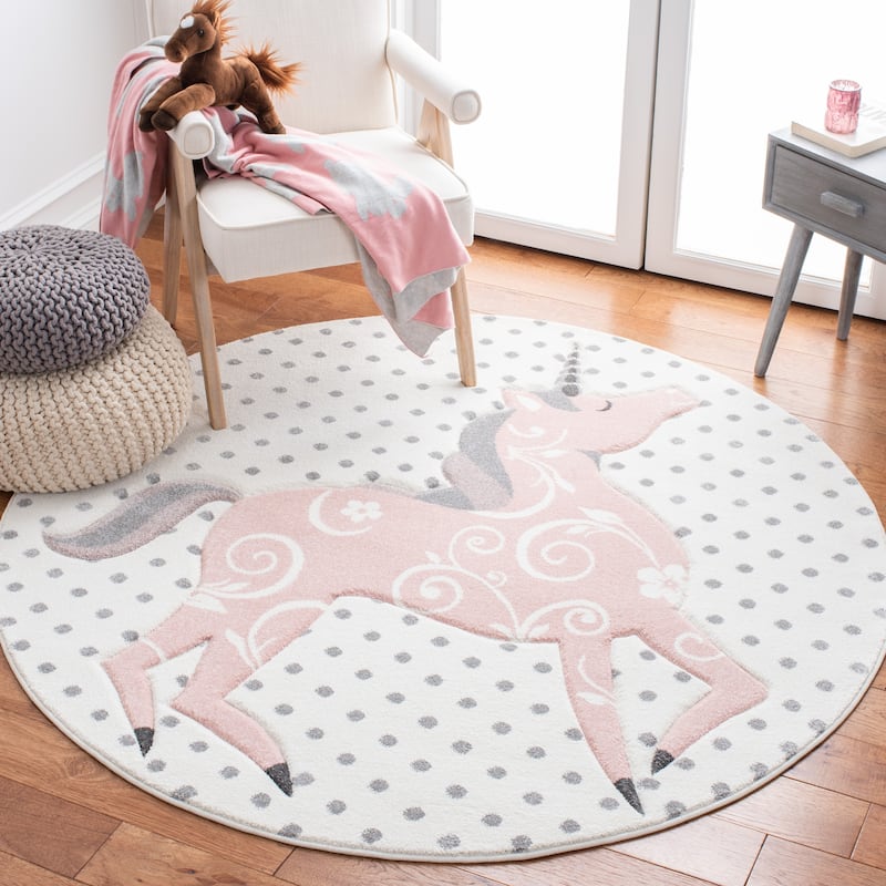 SAFAVIEH, Carousel Kids Mareke Unicorn Rug - 5'3" Round - Ivory Grey/Pink