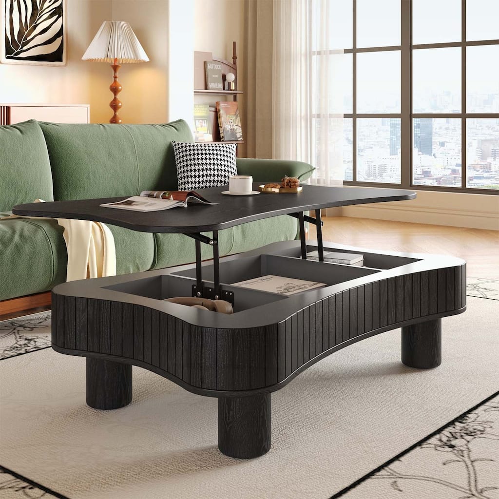 Lift Top Coffee Table with Three Hidden Storage & Fluted Panels for Small Space
