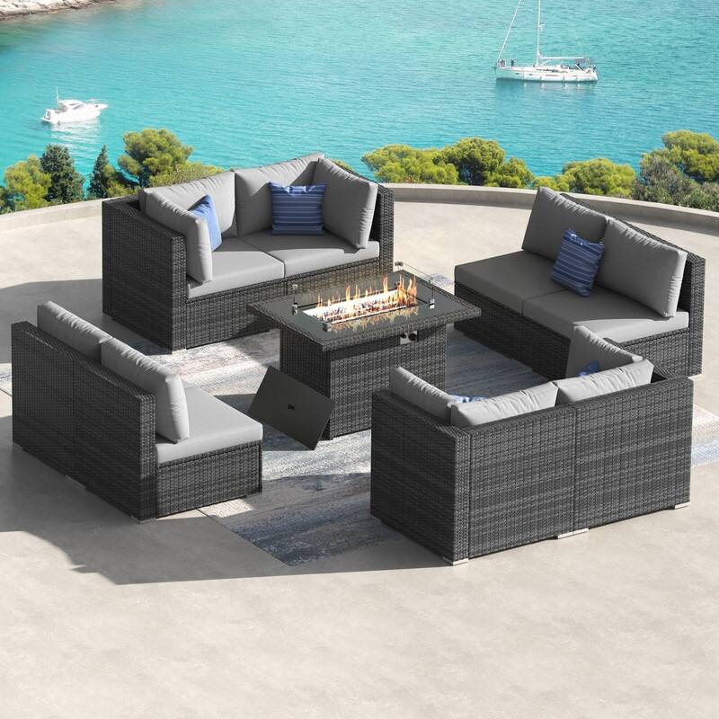9-Piece Outdoor Modular Sectional Wicker Patio Conversation Set with CSA Fire Pit, Cushion - Light Gary