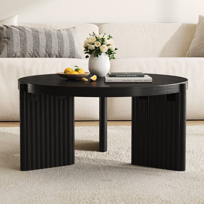 JASIWAY Black Wood Round Coffee Table with Fluted Legs