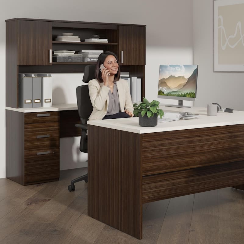 Bestar Ridgeley U-Shaped Office Desk with Cabinet and Hutch