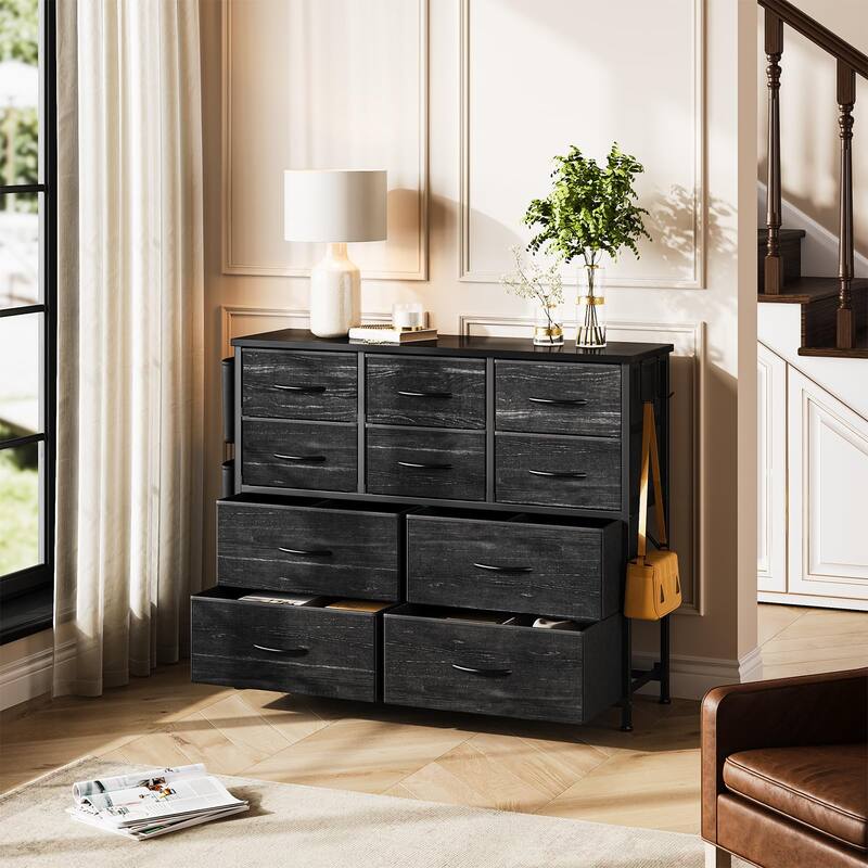 Fabric 10 Drawer Dresser for Bedroom, Metal Frame Storage Organizer Chest with Side Pockets, Hooks