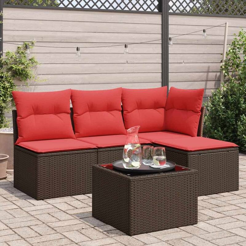 vidaXL 4/5 Piece Patio Sofa Set with Cushions Black/Brown/Gray Poly Rattan - 24.4 x 24.4 x 27.2 - Brown and red With table