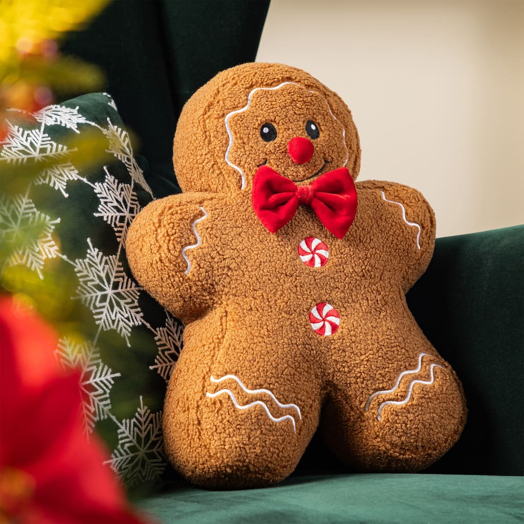 Glitzhome Set of 2 Christmas Gingerbread Man and House Shaped Throw Pillows