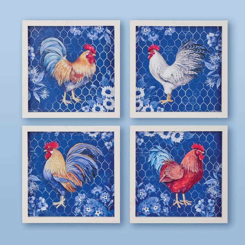 Blue Country Rooster Wooden Framed 4-Piece Wall Art Set - 8 x 8 x 0.75 - White