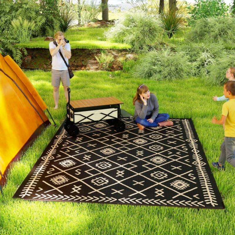 Reversible Outdoor Rug Black Beige Rhombus UV Protected Foldable Camping RV Patio Picnic Mat - 143.7" L x 107.9" W