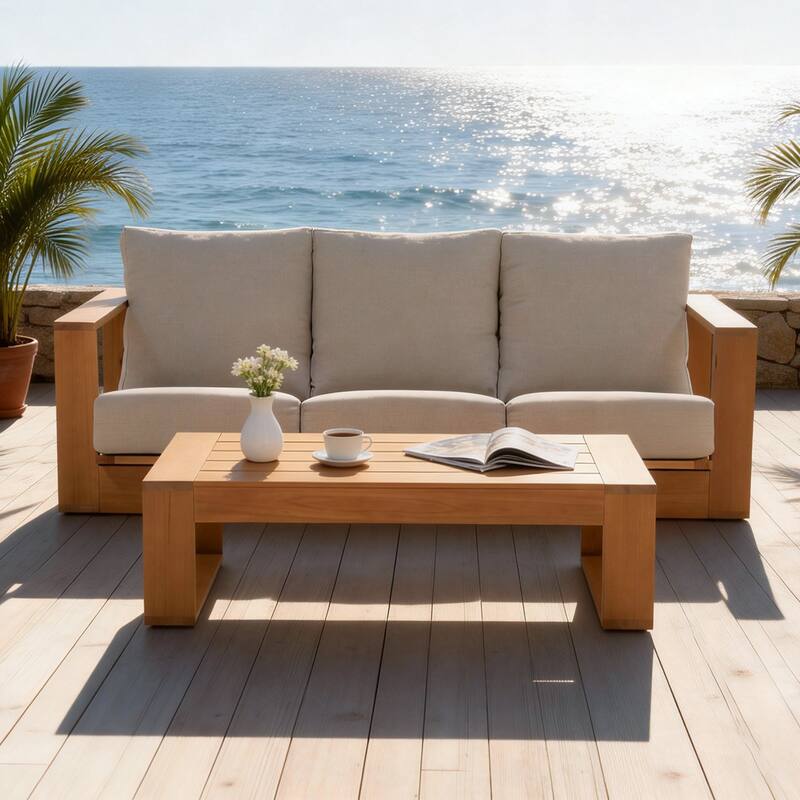 Outdoor Conversation Set 2-Piece Eucalyptus Wood 3-Seater Sofa Weather‑resistant Rope Weave with Coffee Table