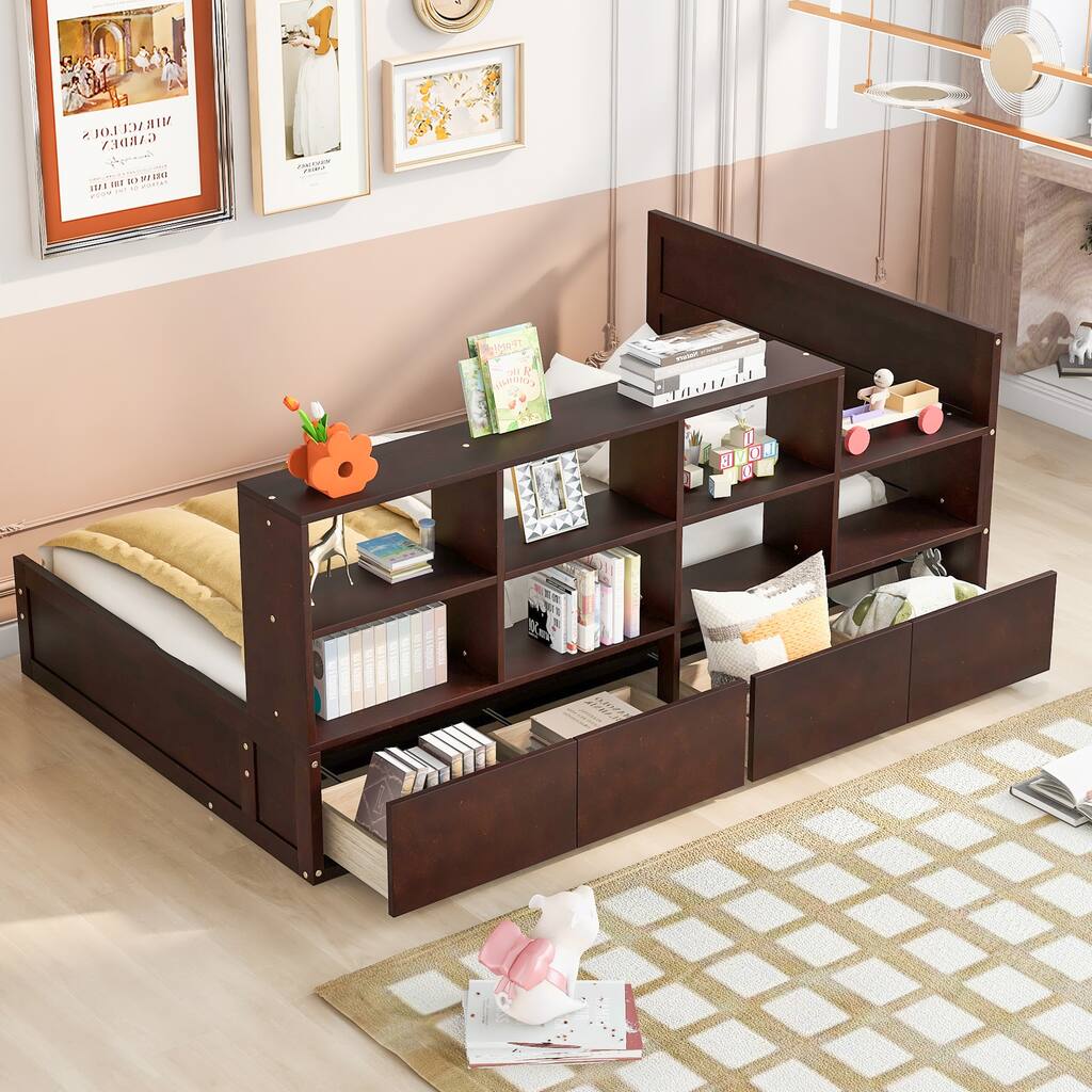 Twin Size Wood Platform Bed with Four Storage Drawers and Many Shelves, Headboard & Footboard
