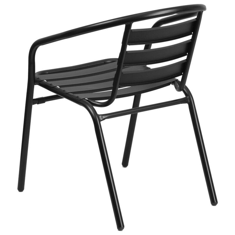 31.5" Round Glass Metal Table with 4 Metal Aluminum Slat Stack Chairs