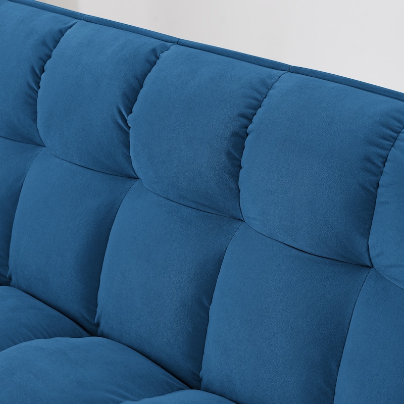 54.33 inch versatile foldable sofa bed in 3 lengths, velvet pull-out bed, adjustable back (Antique Blue)