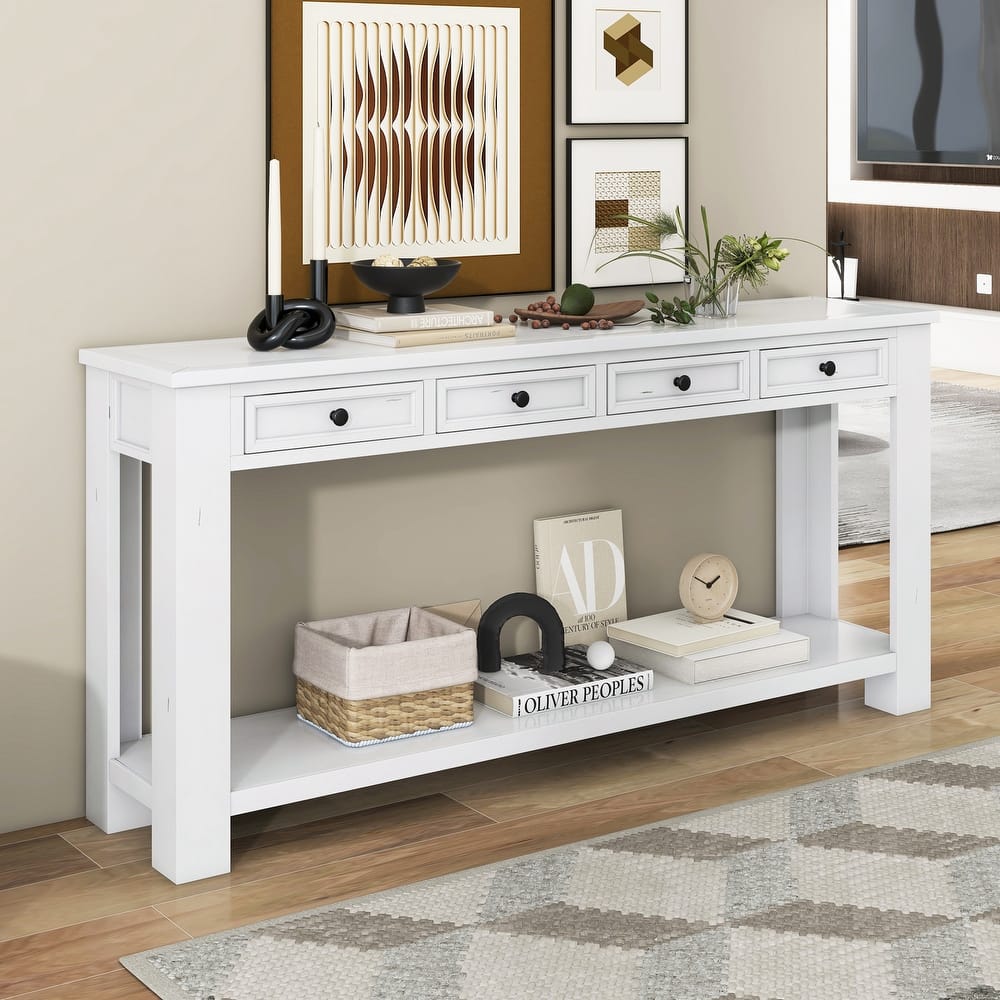 63" Console Table, Hallway Sofa Table Entryway Side Table with 4 Storage Drawers, Bottom Lower Shelf, Solid Wood Legs