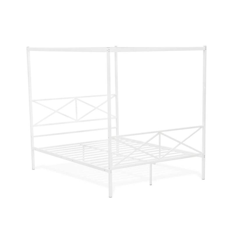 Bohemian Bed Frame with Canopy - Metal Platform Bed - Modern Headboard & Footboard - White Finish