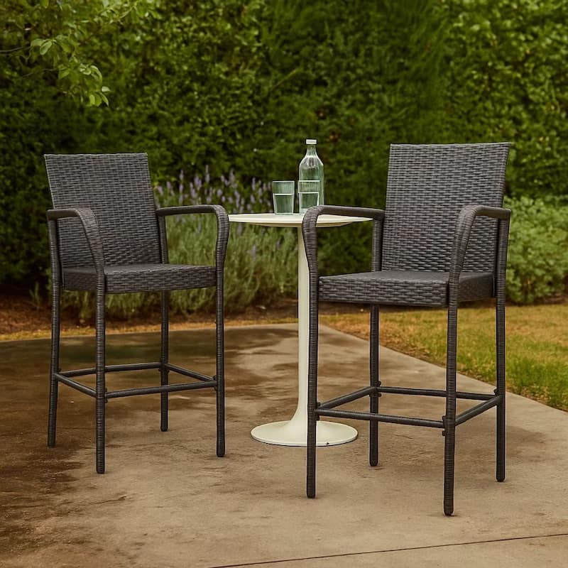 Outdoor Barstool Chair Set of 2, Gray PE Rattan Woven, Iron Frame