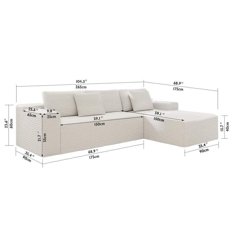 L-Shape Modular Sectional Sofa with Chaise Lounge, Oversized Corduroy Upholstered Cloud Couch, Compressed Deep Seat Corner Sofa
