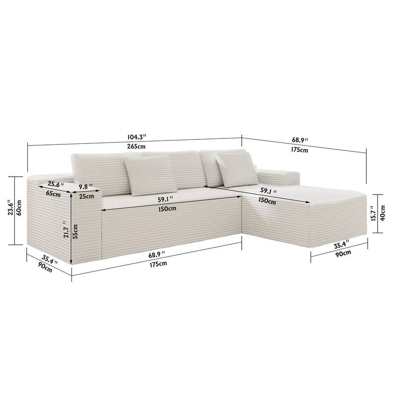 Modern L-Shaped Corner Couch, Corduroy Modular Sectional Sofa Set, Upholstered Boneless Sleeper Sofa with Chaise