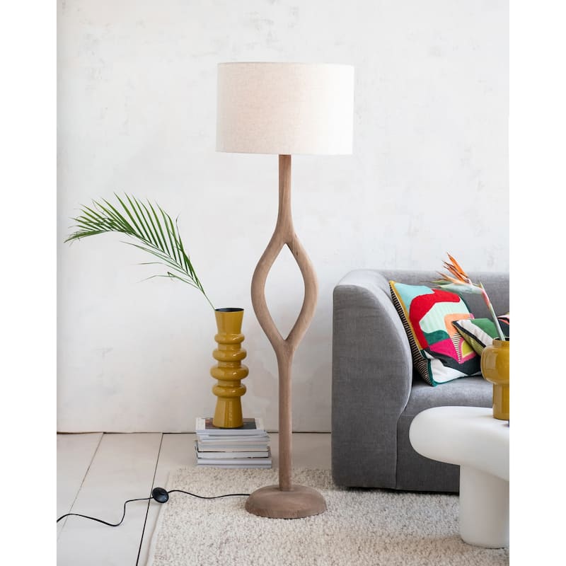 Mango Wood Floor Lamp with Open Base, Cotton Shade and Inline Switch