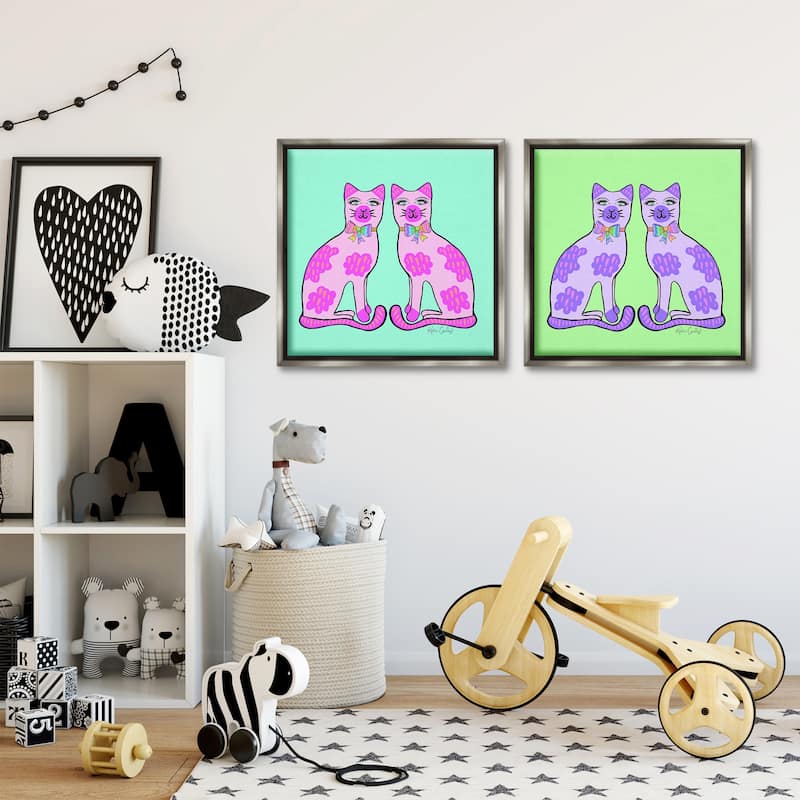 Stupell Bright Purple Cat Pairs Framed Floater Canvas Wall Art Design By Katie Conley (Set of 2)