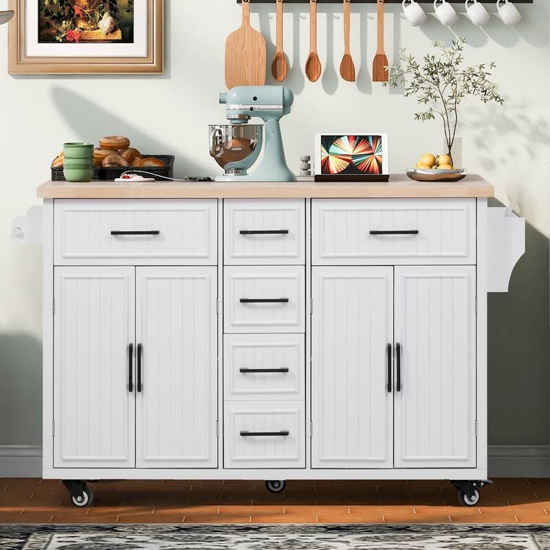 56.5" Kitchen Island with Drop Leaf and Charging Station, Rolling Kitchen Cart on Wheels with Drawers and Adjustable Shelves - White