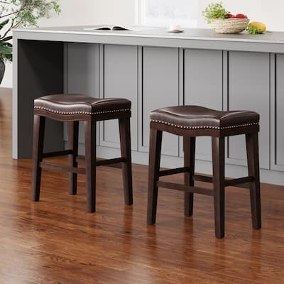 Modern Set of 2 Bar Stools with Leather Cushioned Seats, Nailhead Trim, Solid Wood Legs for Dining Room Living Room and Bar