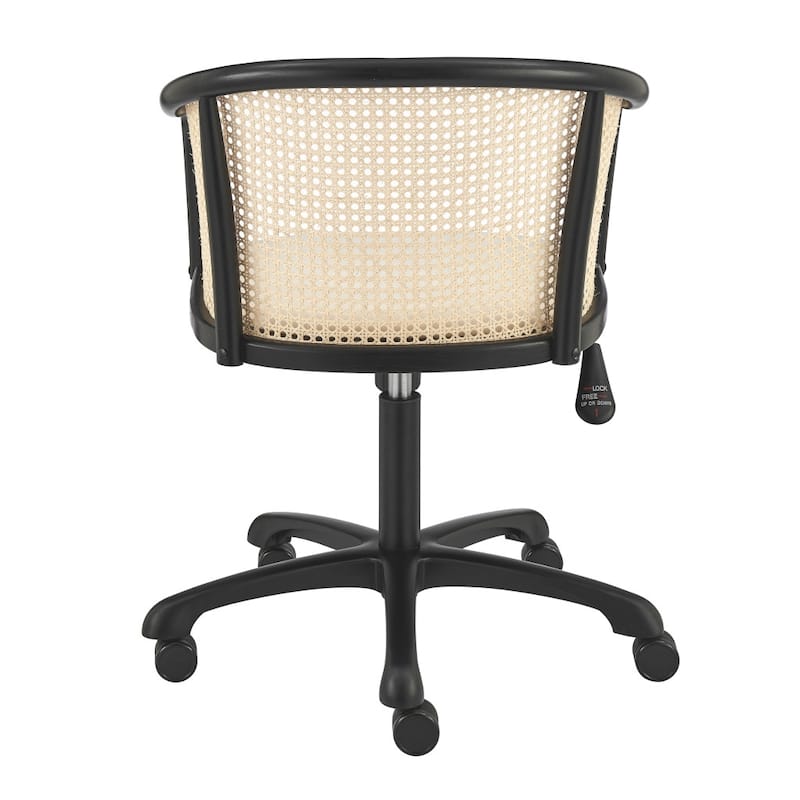 Beige and Black Solid Wood Steel And Cane Rattan Adjustable Swivel Rolling Office Chair - 22.5' X '33.5' X '26.5