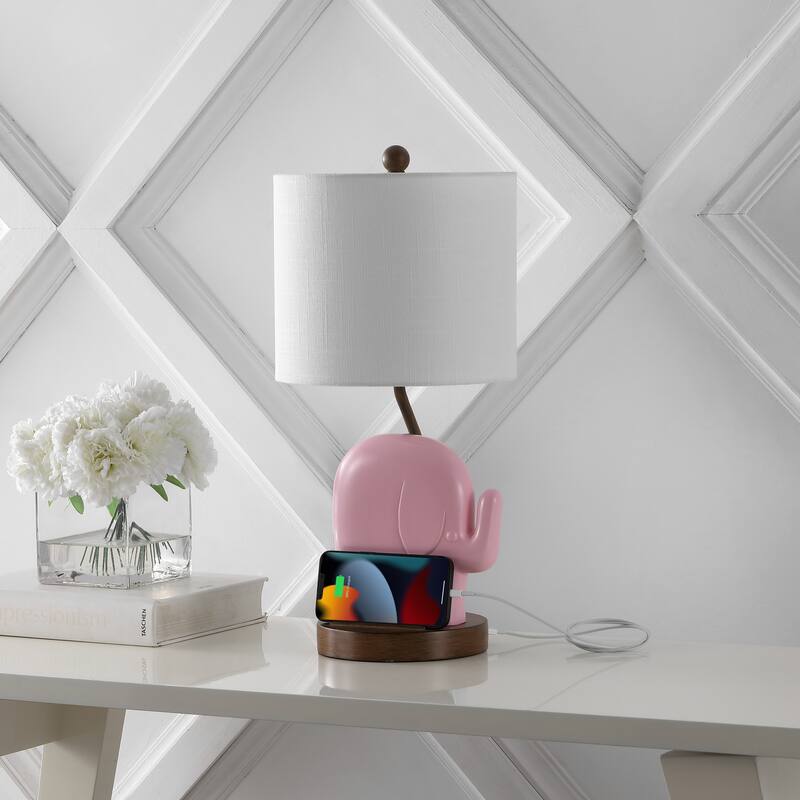 Campana 20.25" Bohemian Designer Iron/Resin Elephant LED Kids Table Lamp with Phone Stand and USB Charging Port, by JONATHAN Y