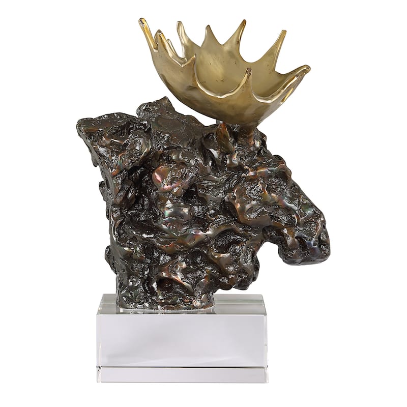 Moose Bust Sculpture with Crystal Base - 12.25" - Bronze and Gold