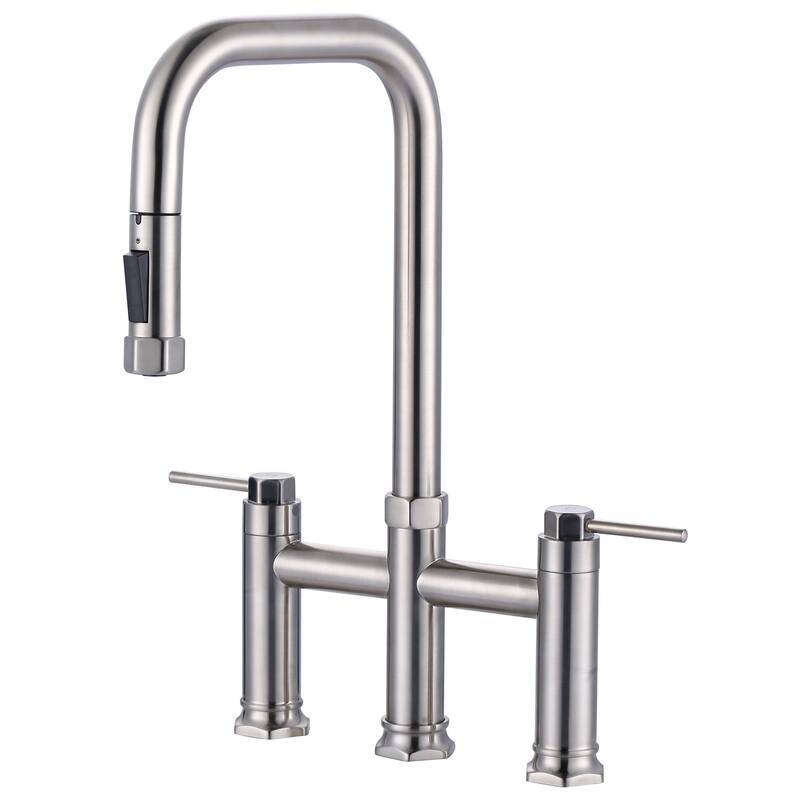 WOWOW Double Handle Pull Down Kitchen Faucet - Brushed Nickel