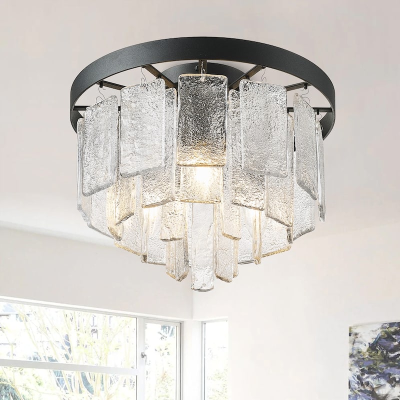 Modern Matte Black 3-Light Textured Glass Style Flush Mount Ceiling Lamp