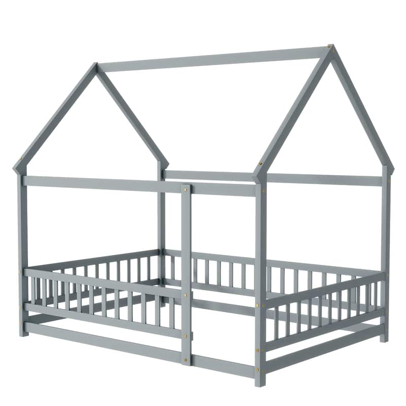 Full Size House Floor Wooden Bed with Roof Frame