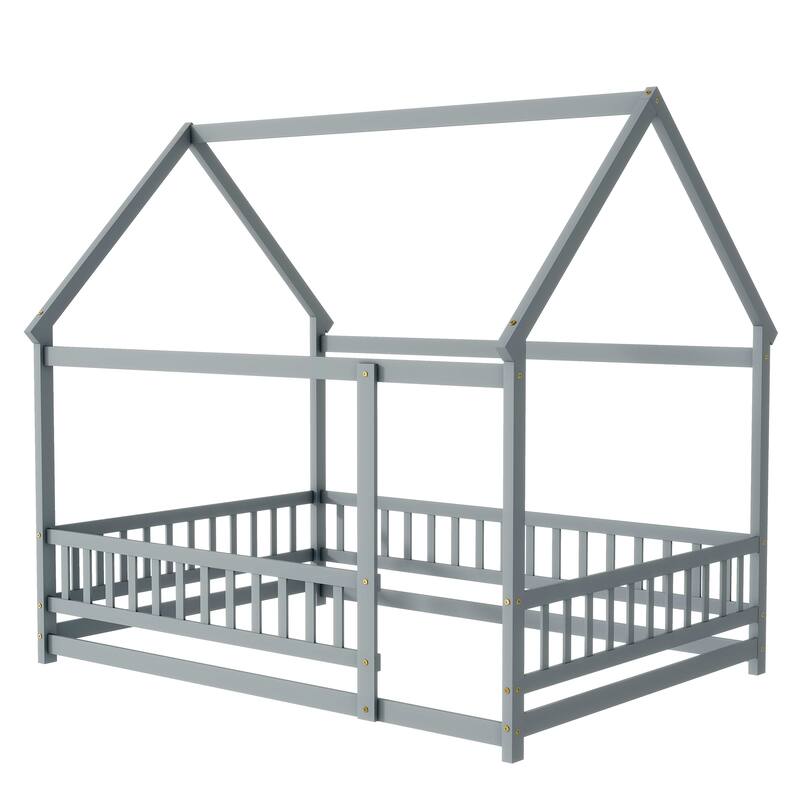 Wood Toddler House Bed with Roof Frame and Safety Guardrails Montessori Floor Bed without Slats No Door Houseshaped Platform Bed