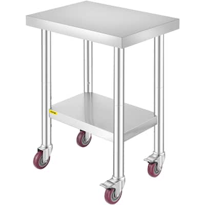 VEVOR Stainless Steel Work Table Commercial Food Prep Worktable 3-Stage Adjustable Shelf with 4 Wheels