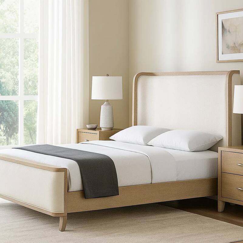 Fea Queen Bed, Natural Oak, Shelter Padded Headboard, White Upholstery