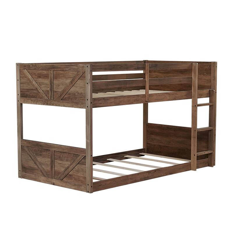 Twin over Twin Floor Bunk Bed w/ Headboard,Footboard,Safety Guardrails