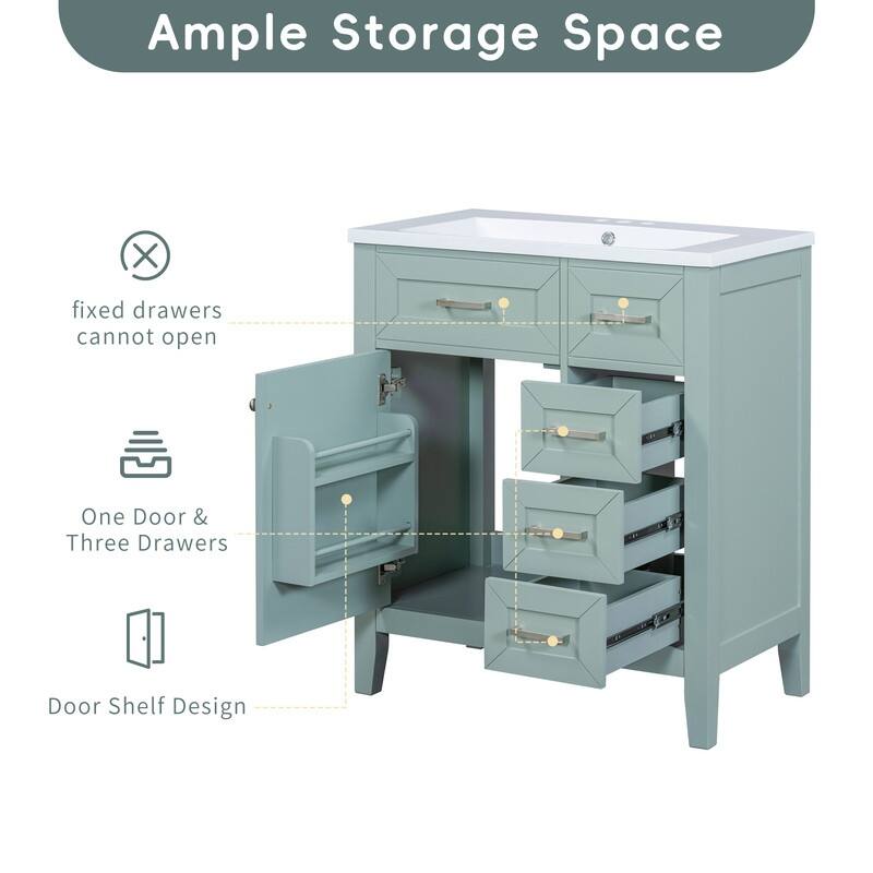 30" Bathroom Vanity with Sink Combo, White Bathroom Cabinet with Drawers, Solid Frame and MDF Board