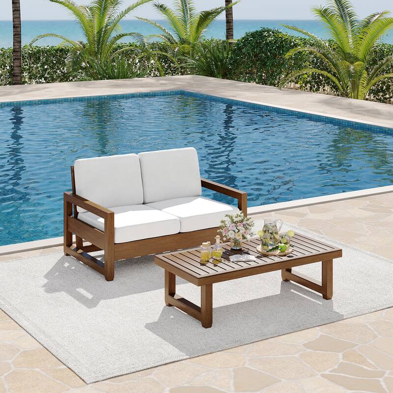 Teak Loveseat Patio Set with Cushions and Table (2-Piece)