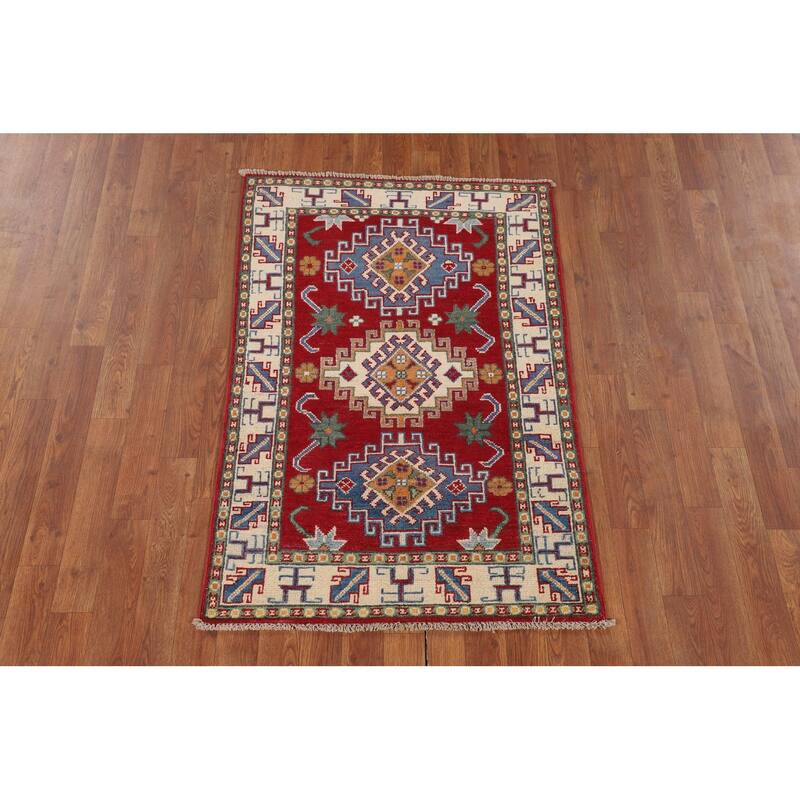 Geometric Red Kazak Accent Rug Hand-Knotted Foyer Wool Carpet - 2'9" x 4'1"