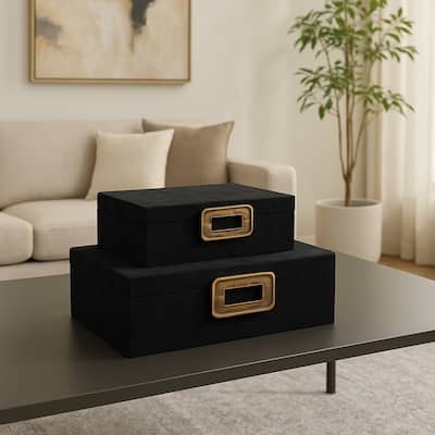 Wood Metal Storage Box Gold Accents (Set of 2) - 4", 5" Black - 14" x 10" x 5"